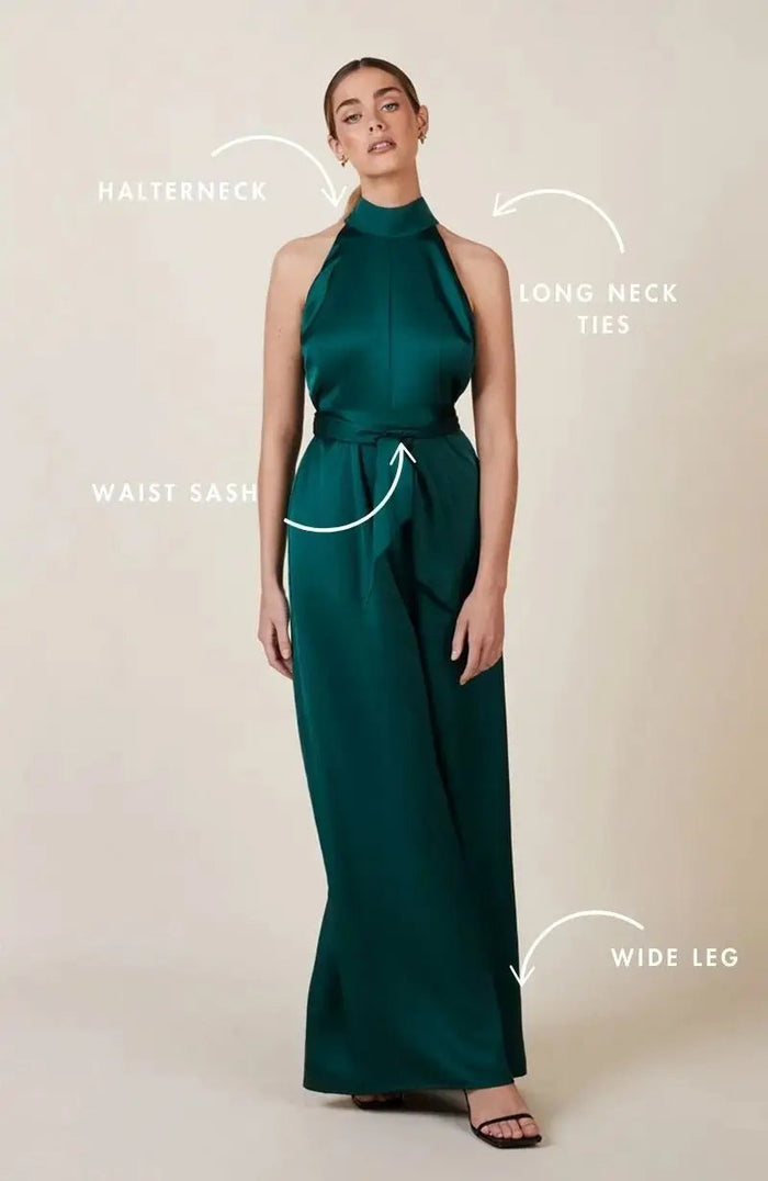 Soho Jumpsuit in Forest Green Satin Rewritten London