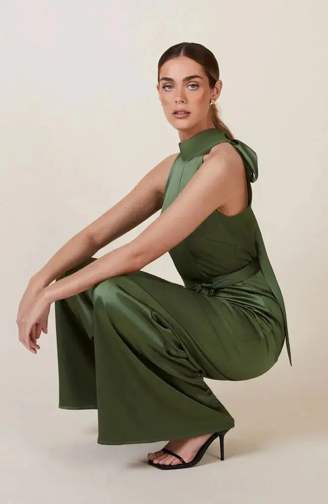 Soho Jumpsuit in Olive Green Satin Rewritten London