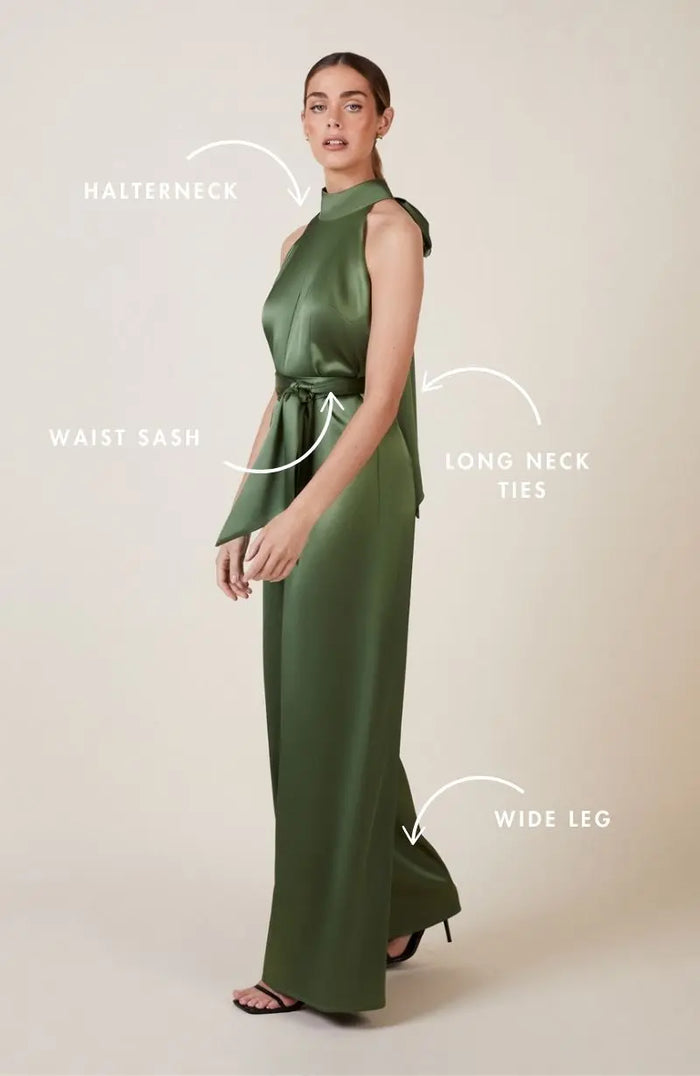 Soho Jumpsuit in Olive Green Satin Rewritten London