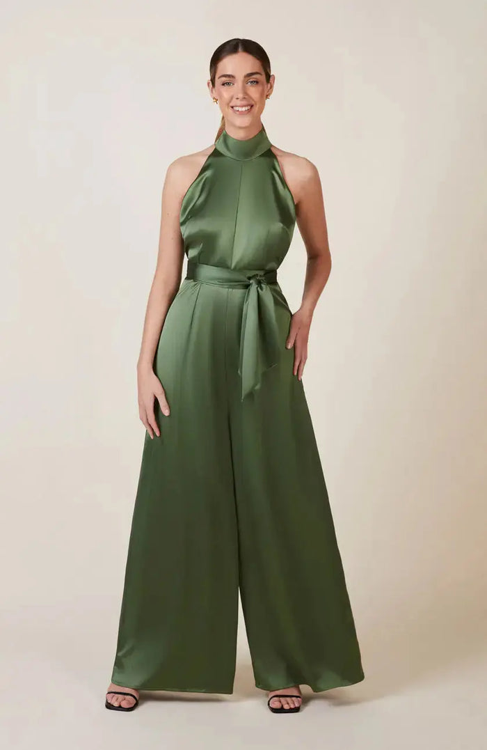Soho Jumpsuit in Olive Green Satin Rewritten London
