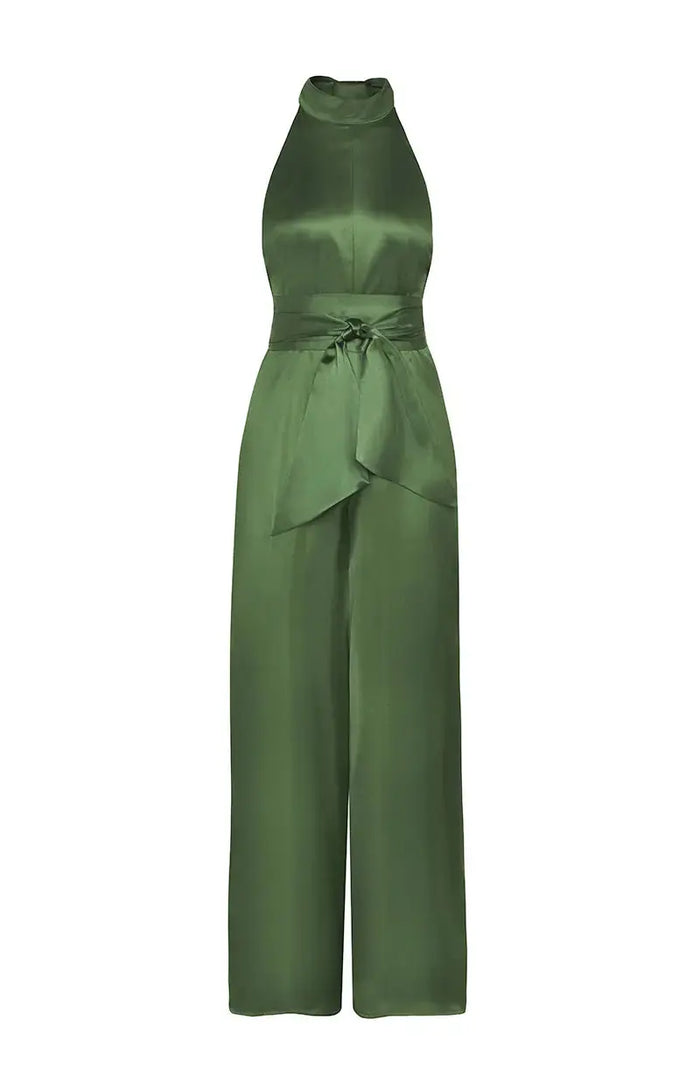 Soho Jumpsuit in Olive Green Satin Rewritten London