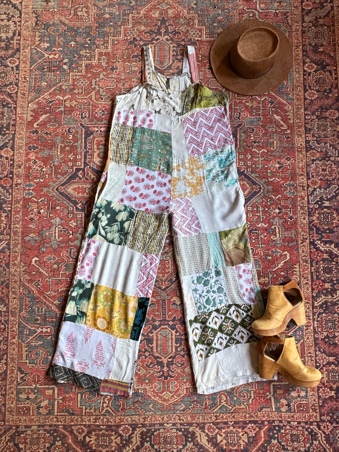 Summer Solstice Flowy Patchwork Overalls - Blue