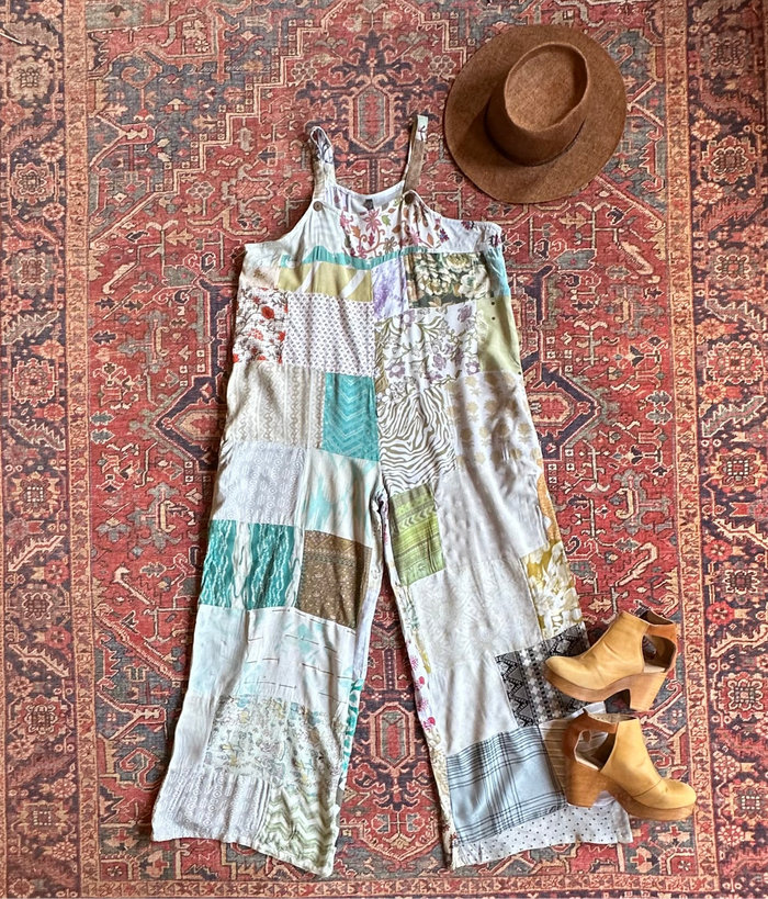 Summer Solstice Flowy Patchwork Overalls - Blue