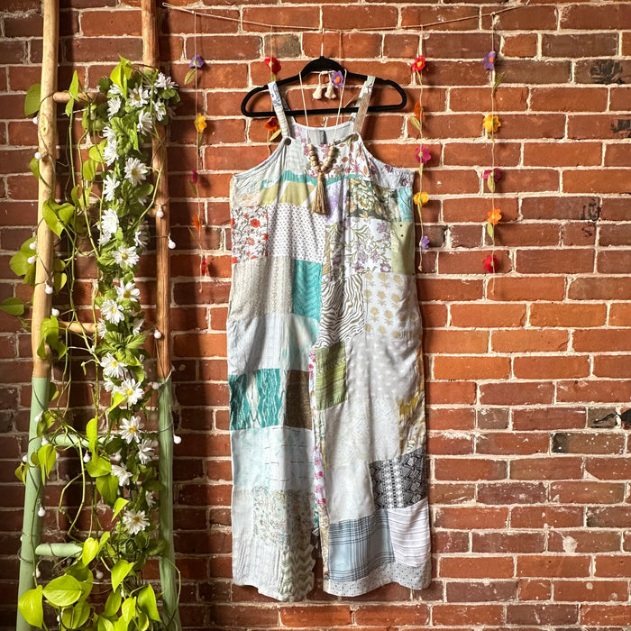 Summer Solstice Flowy Patchwork Overalls - Blue