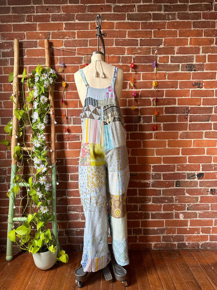 Summer Solstice Flowy Patchwork Overalls - Blue
