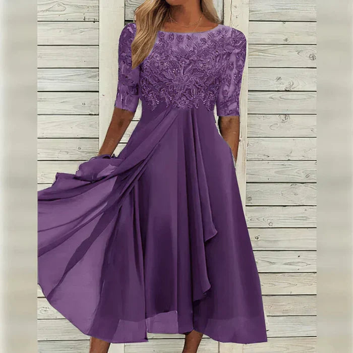 Sylvana - Tea-Length Lace Embroidered Dress