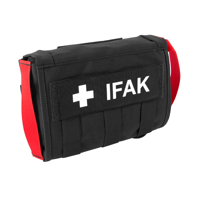 A gray Tasmanian Tiger head rest IFAK with red trim and a white cross logo on the front, designed to attach to a car seat headrest.