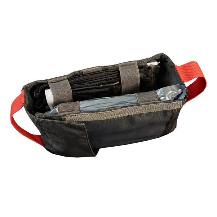 A gray Tasmanian Tiger head rest IFAK with red trim, designed to attach to a car seat headrest.