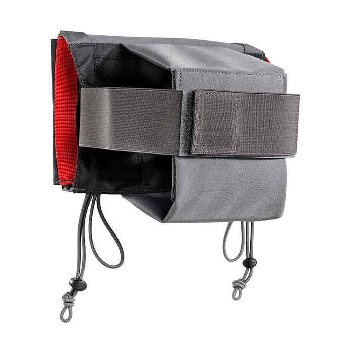 A gray Tasmanian Tiger head rest IFAK with red trim, designed to attach to a car seat headrest.