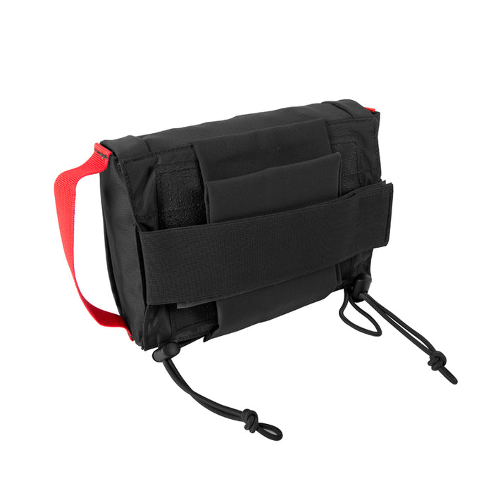 A black Tasmanian Tiger head rest IFAK with red trim, designed to attach to a car seat headrest.