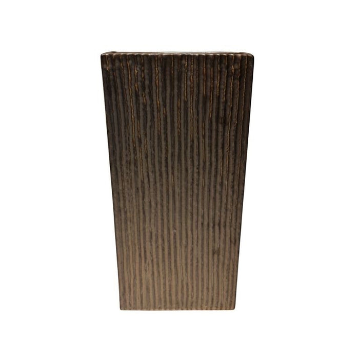 Eclectic tall earth brown ceramic floor vase with a vertical ribbed texture and architectural tapered silhouette.