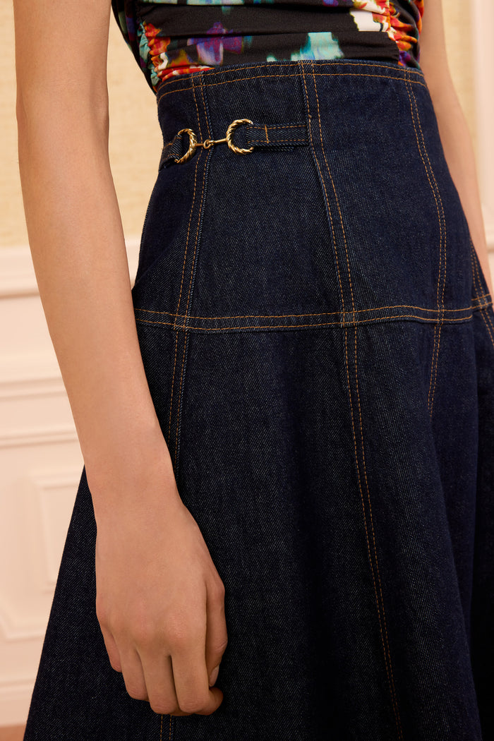 Brigette Designer Denim Midi Skirt Tigris - Twisted Brass Hardware Waist Detail | Ulla Johnson