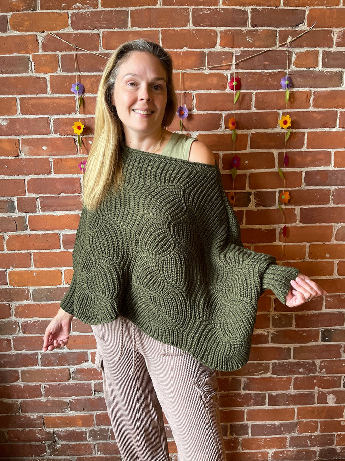 The Coffee Shop Moss Green Poncho Pullover Sweater