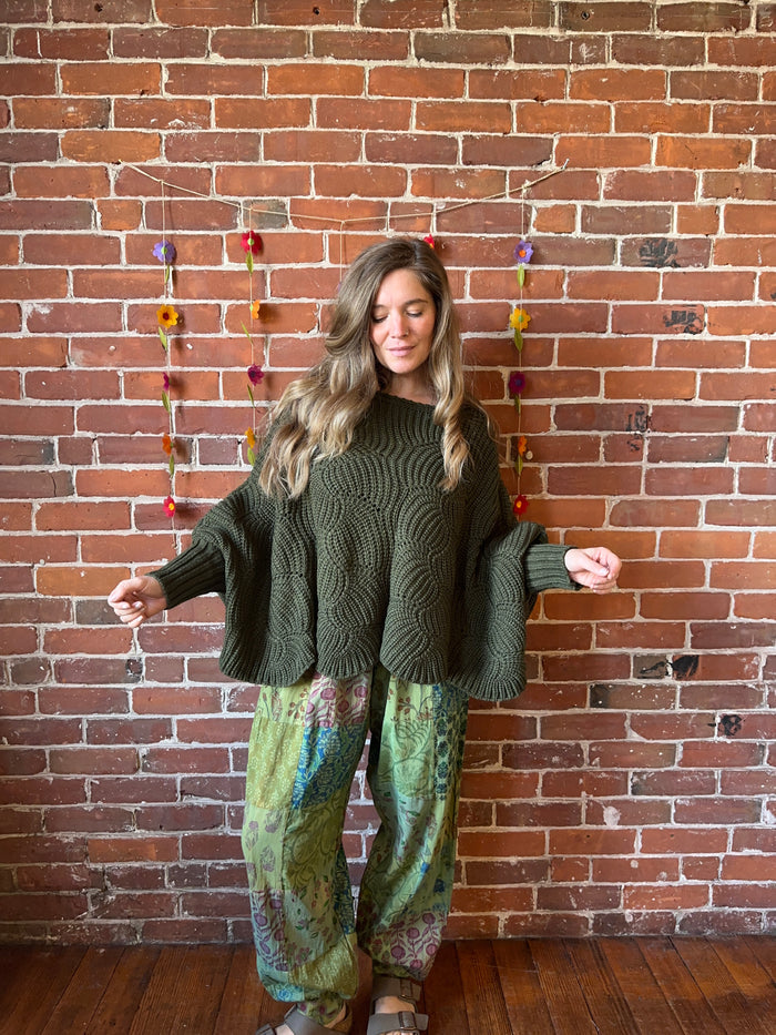 The Coffee Shop Moss Green Poncho Pullover Sweater