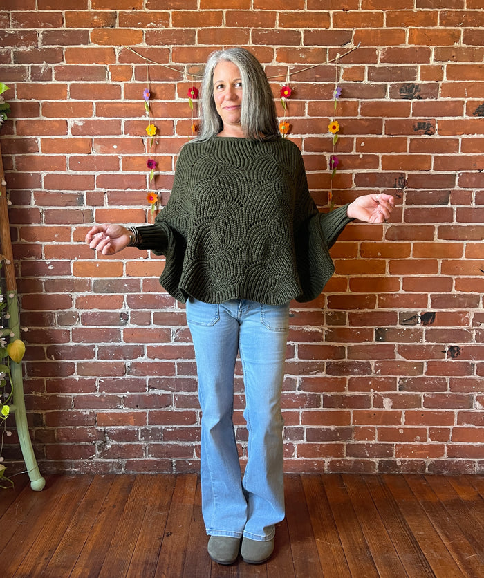 The Coffee Shop Moss Green Poncho Pullover Sweater
