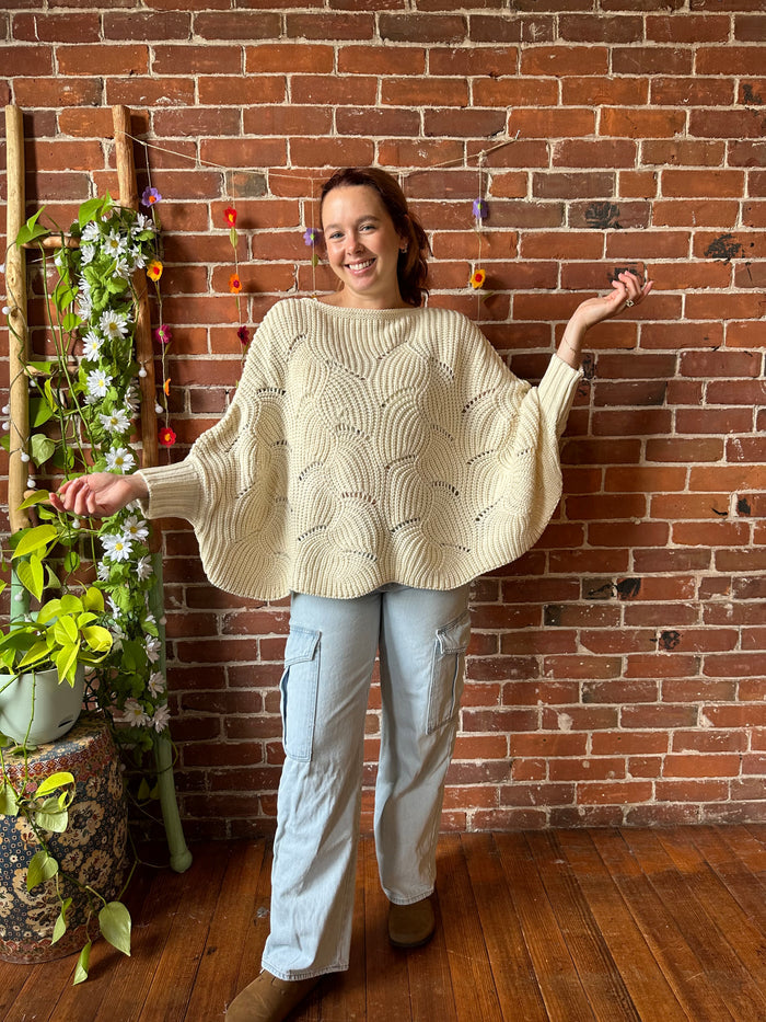 The Coffee Shop Poncho Pullover Sweater - Cream