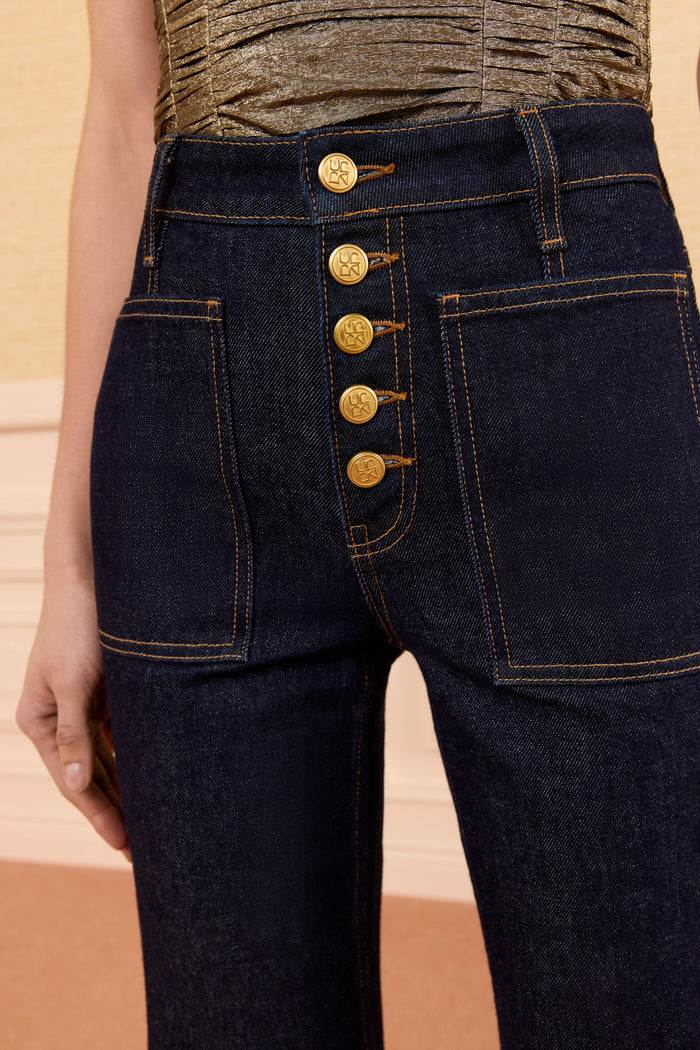 Tigris Stretch Denim Jean, Close-Up Gold Logo Button & Patch Pocket Detail | Ulla Johnson