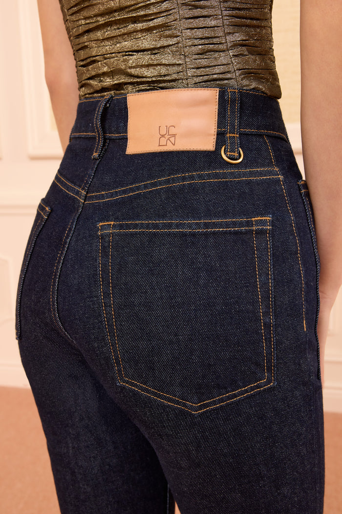 Tigris Dark Wash Denim Jean, Back Detail Close-Up, Leather Logo Patch & Gold Hardware | Ulla Johnson