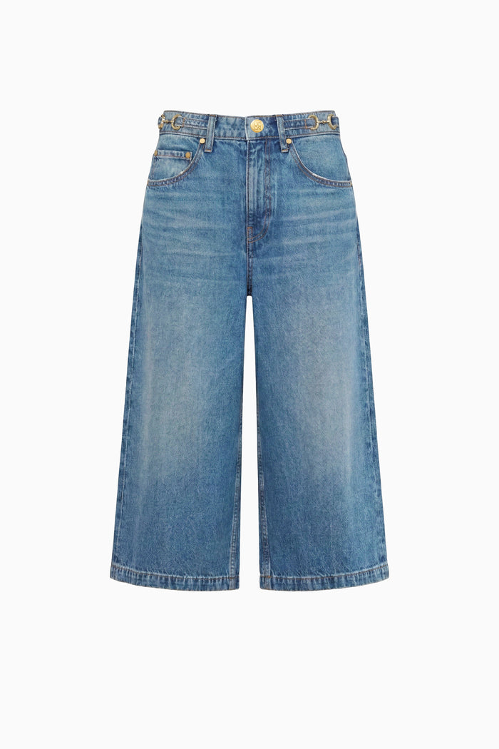 Danube Blue Faded Denim Culotte with Brass Hardware - Flat Lay | Ulla Johnson