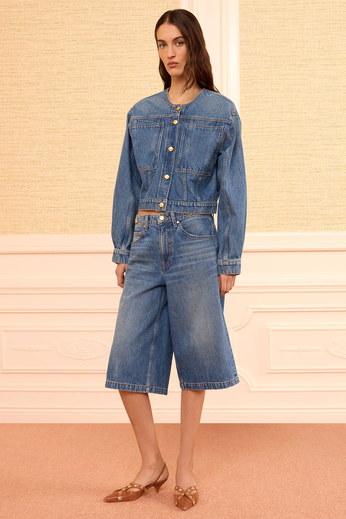 Rowan Danube Denim Culotte - Designer Elevated Denim, Full On-Model Front View | Ulla Johnson