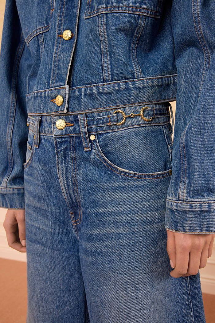 Rowan Denim Culotte Twisted Brass Hardware Waist Detail - Luxury Designer Denim | Ulla Johnson
