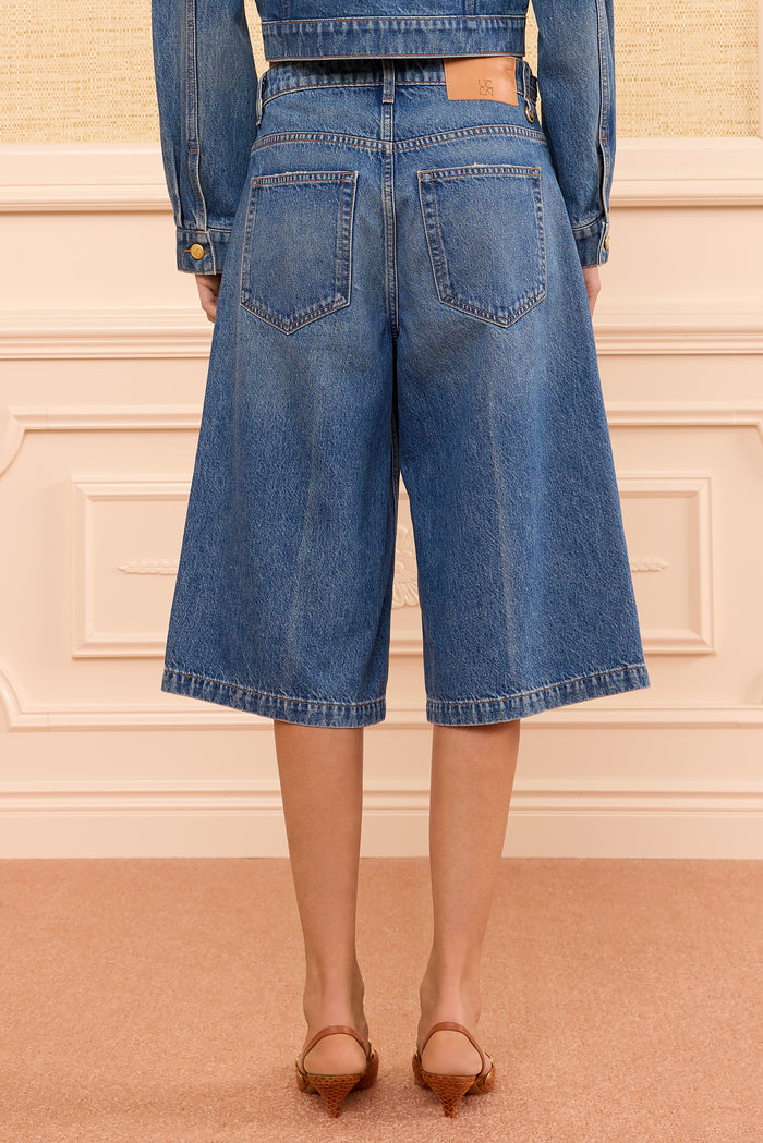 Danube Blue Denim Culotte - Back View with Leather Logo Patch, Elevated Denim | Ulla Johnson