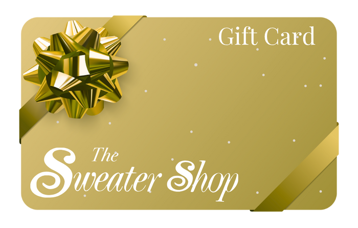 Gold gift card with a bow from 'The Sweater Shop' on a white background
