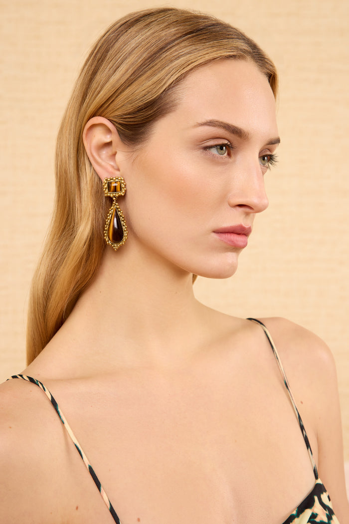 Tiger's Eye Brass Drop Earrings On Model, Luxury Handcarved Gemstone Jewelry - Side View | Ulla Johnson