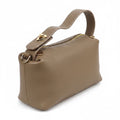 Eclectic taupe pebbled leather top handle bag with gold-tone hardware and twist-lock detail on a white background.