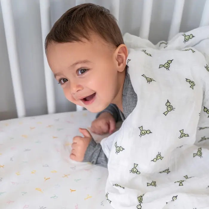 Eclectic Aden + Anais cotton muslin swaddle with Twitter bird print covering a smiling baby in a white crib