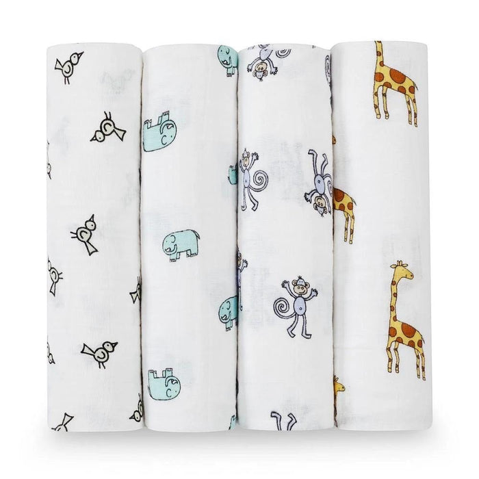Eclectic Aden + Anais cotton muslin swaddle blankets featuring playful animal prints like birds, elephants, and giraffes.