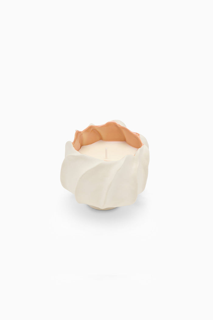 Cream Ceramic Luxury Scented Candle in Bloom-Shaped Vessel - Front View | Ulla Johnson