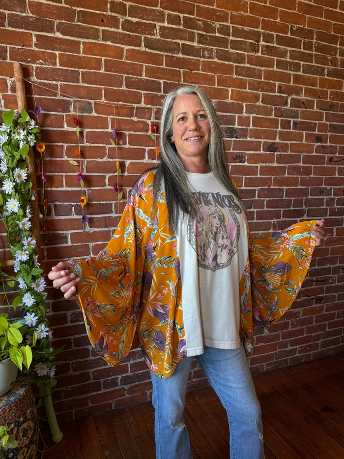 Upcycled Mystical Stevie Inspired Botanical Flowy Yellow Bell Sleeve Top