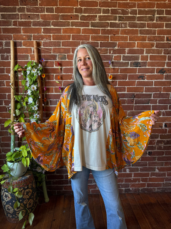 Upcycled Mystical Stevie Inspired Botanical Flowy Yellow Bell Sleeve Top