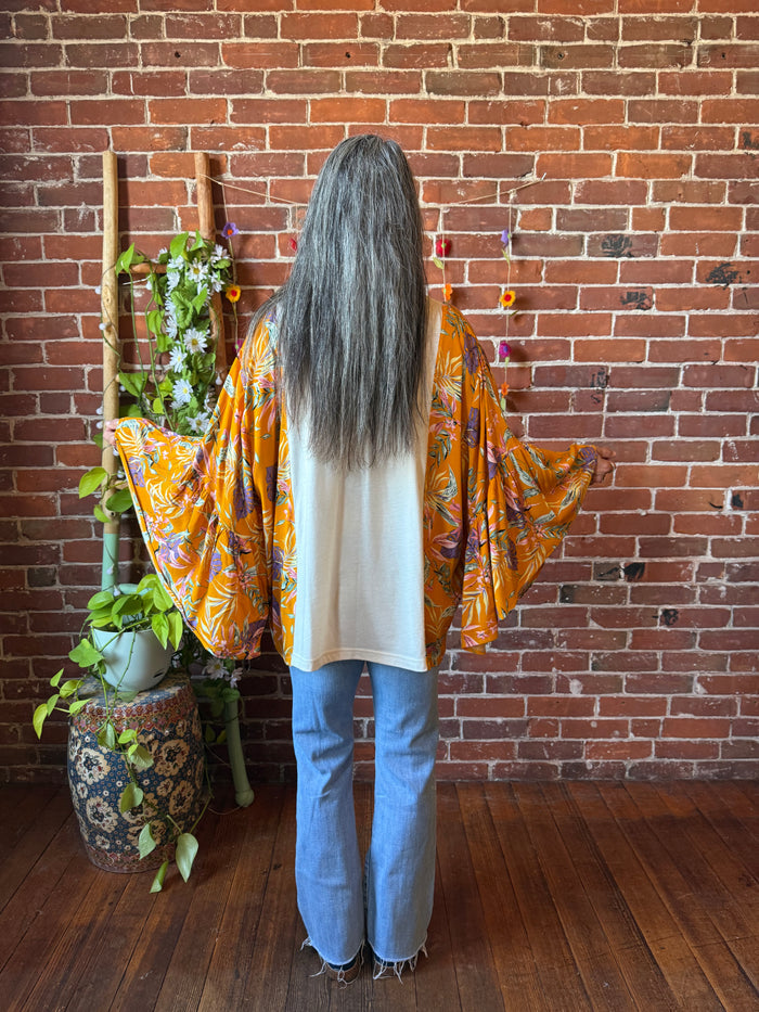 Upcycled Mystical Stevie Inspired Botanical Flowy Yellow Bell Sleeve Top