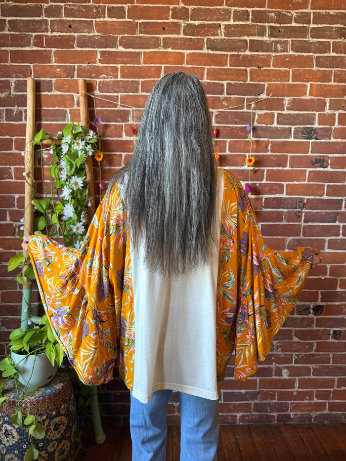 Upcycled Mystical Stevie Inspired Botanical Flowy Yellow Bell Sleeve Top