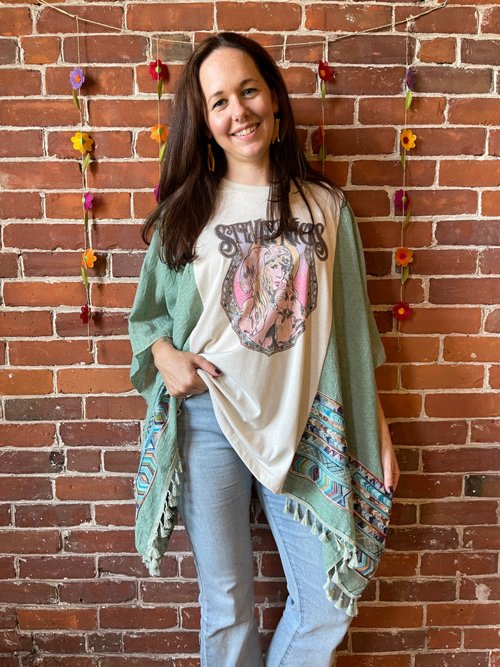 Upcycled Mystical Stevie Nicks Inspired Sage Embroidered Tassel Poncho