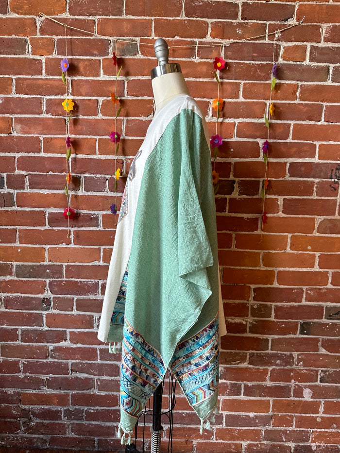 Upcycled Mystical Stevie Nicks Inspired Sage Embroidered Tassel Poncho