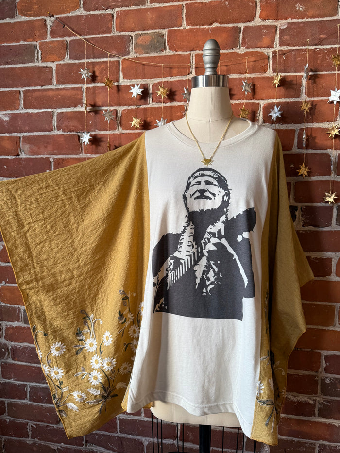 Upcycled Willie Nelson Inspired Golden Yellow Daisy Embroidered Poncho