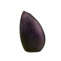 Eclectic violet ribbed glass vase with a contemporary asymmetrical sculptural silhouette and vertical texture.