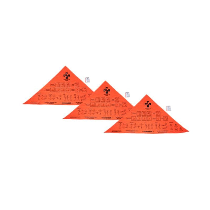 Three orange triangular bandanas with measurements on a white background