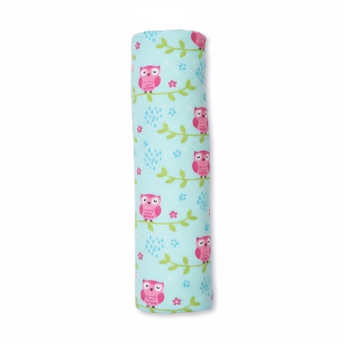 Eclectic Willow Owls cotton flannel swaddle in blue with pink owl and green branch print for newborns