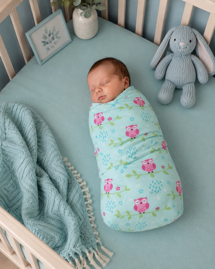 Newborn baby swaddled in an Eclectic cotton flannel blanket with a pink owl pattern on a blue background in a crib.