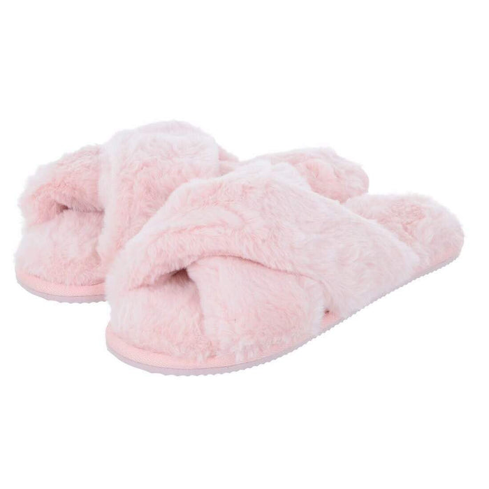 Womens Trixie Mule Slippers Crossover Sliders Soft Faux Fur Baby Pink / UK 3