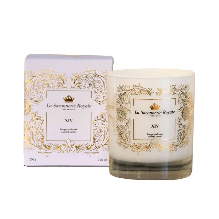 Eclectic La Savonnerie Royale XIV scented candle in a decorative glass vessel with gold ornate detailing and box.